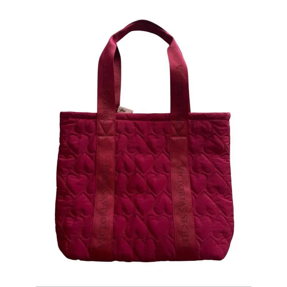 New Victoria’s Secret Red Quilted Puffer Heart Tote Bag Large Overnight - Picture 2 of 5